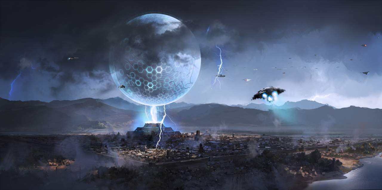 Paisaje de una ciudad futurista junto a naves espaciales y truenos